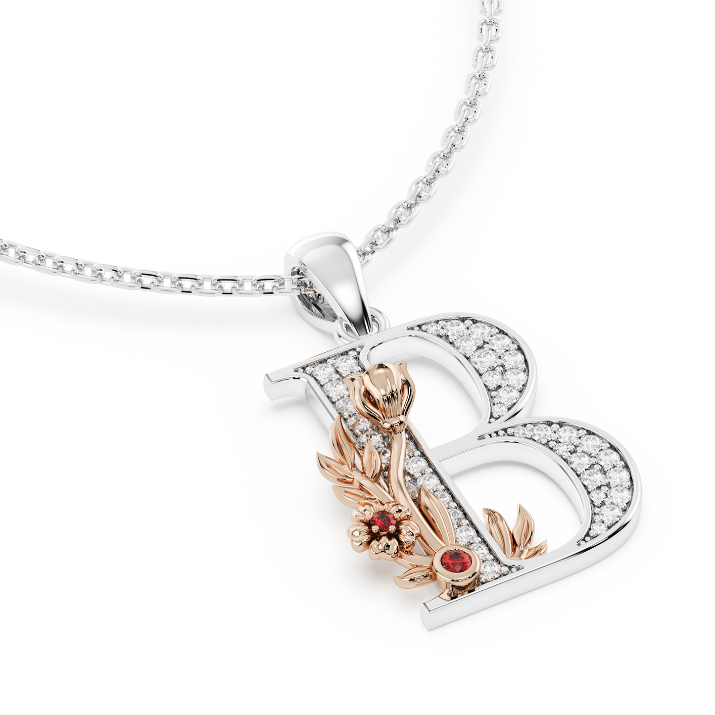 Handcrafted white gold letter B initial pendant from the Everbloom collection, set with diamonds and a rose gold floral motif featuring a round Ruby gemstone.