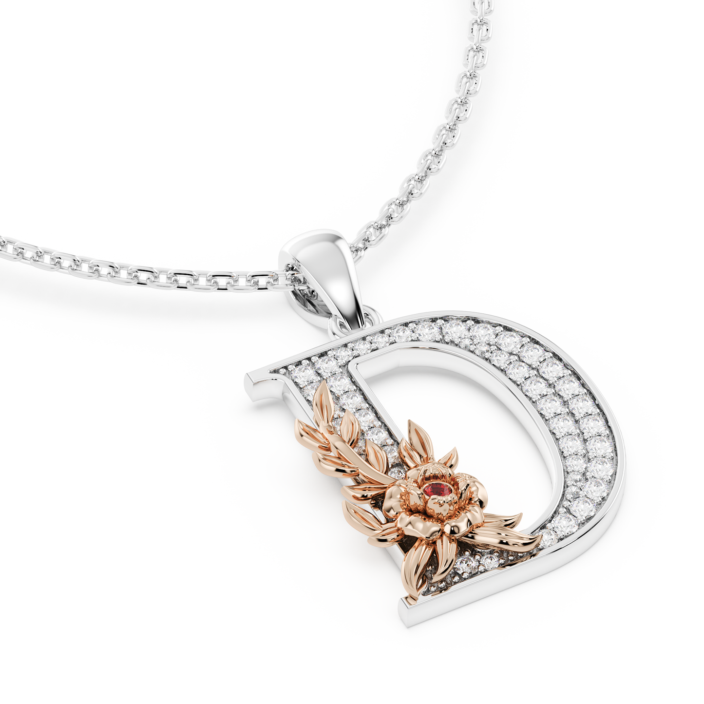 Handcrafted white gold letter D initial pendant from the Everbloom collection, set with diamonds and a rose gold floral motif featuring a round Ruby gemstone.