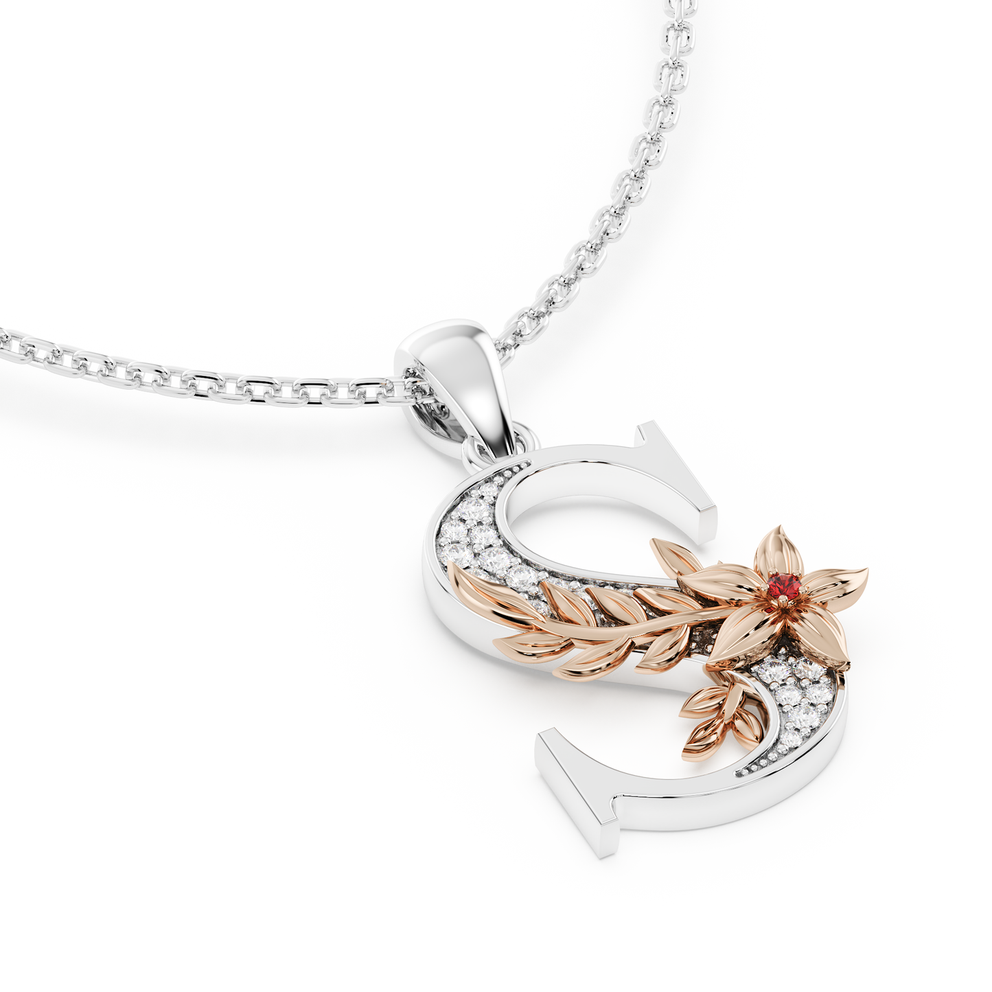 Handcrafted white gold letter S initial pendant from the Everbloom collection, set with diamonds and a rose gold floral motif featuring a round Ruby gemstone.