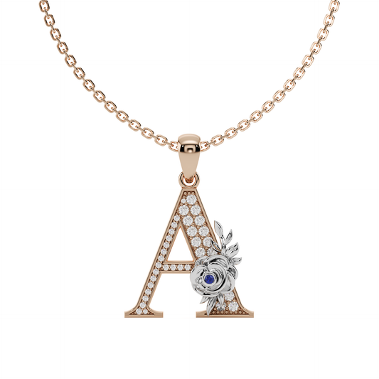 18K gold initial pendant A with diamond and blue sapphire floral detail