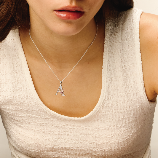 model wearing 18K gold initial pendant A necklace