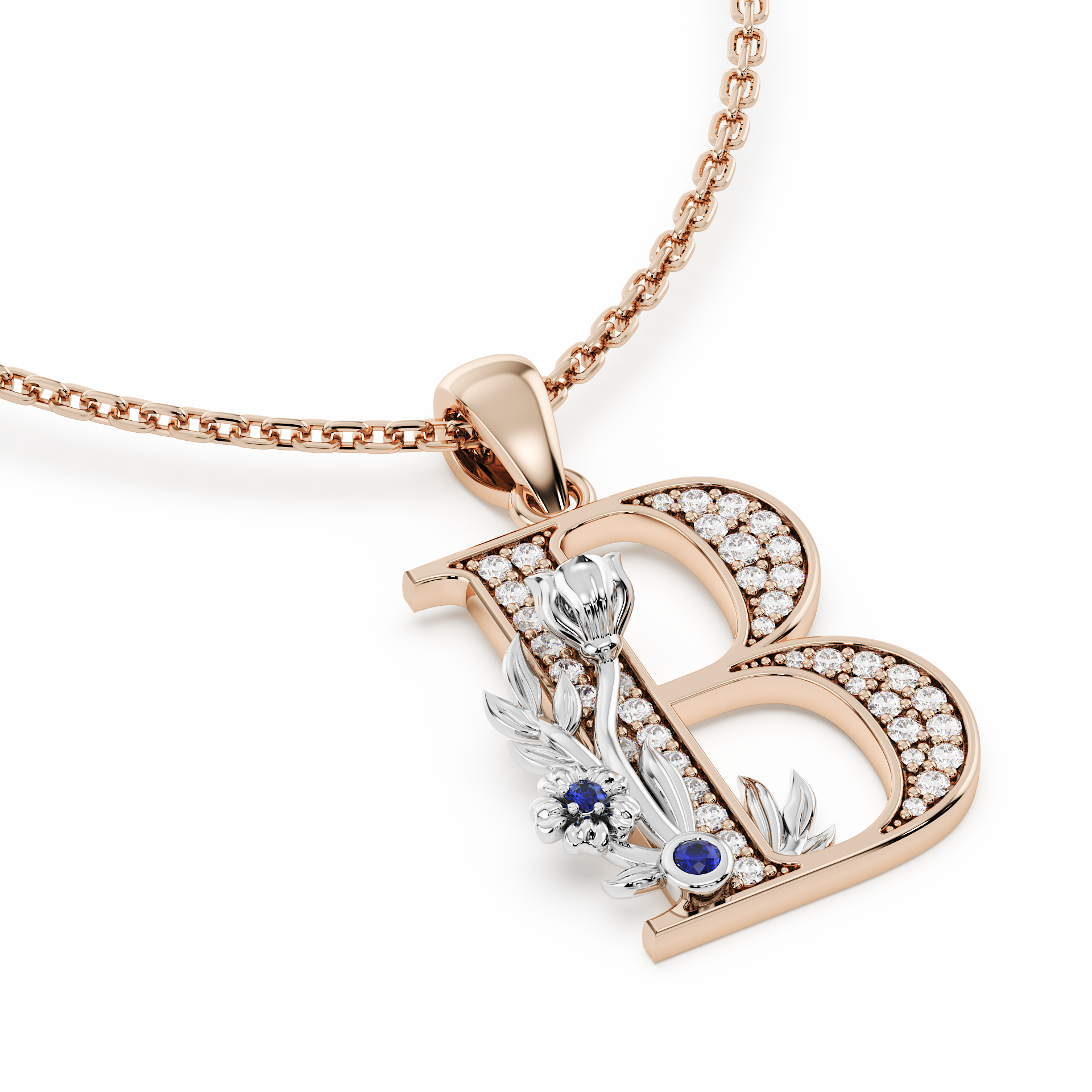 Handcrafted white gold letter B initial pendant from the Everbloom collection, set with diamonds and a rose gold floral motif featuring a round Blue sapphire gemstone.