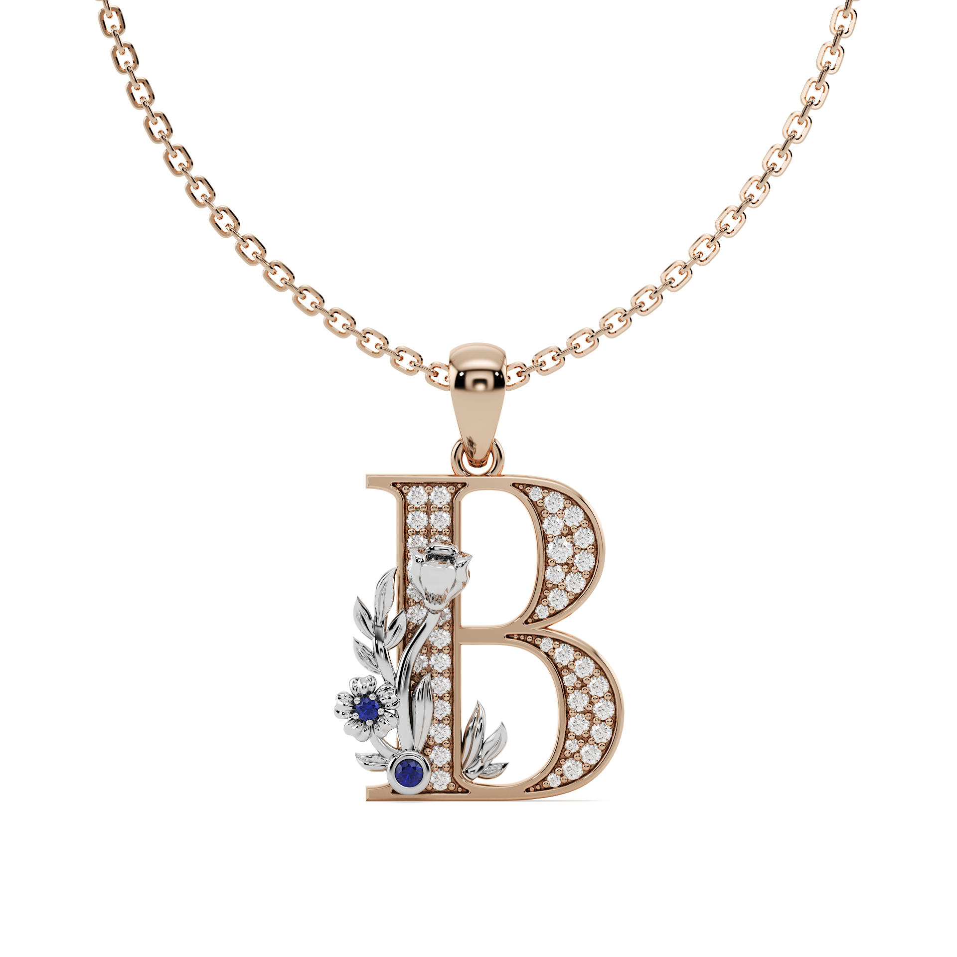A hand-crafted rose gold letter B pendant, entwined with a white gold floral vine featuring pavé diamonds and a vivid gem quality blue sapphire colour stone.