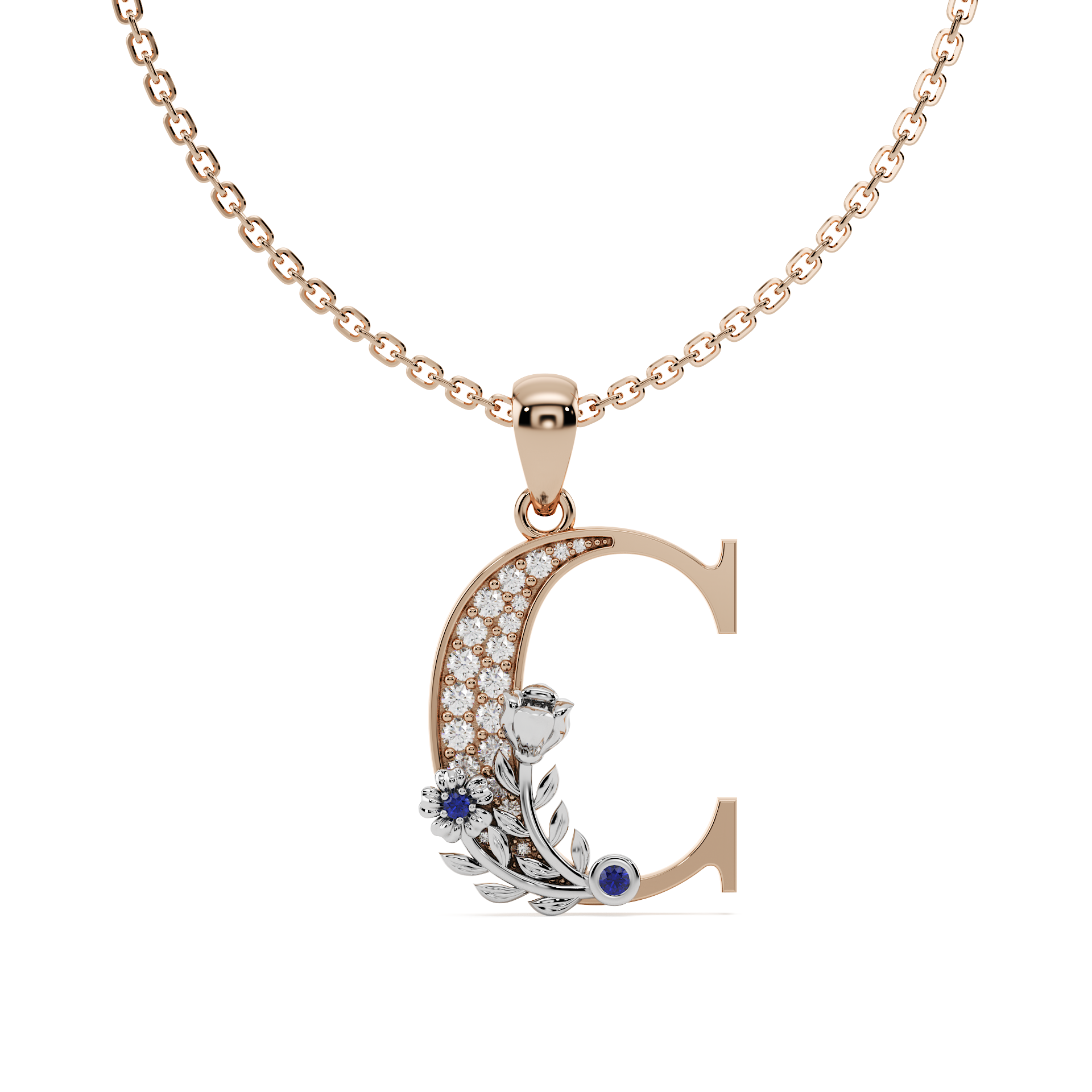 A hand-crafted rose gold letter C pendant, entwined with a white gold floral vine featuring pavé diamonds and a vivid gem quality blue sapphire colour stone.