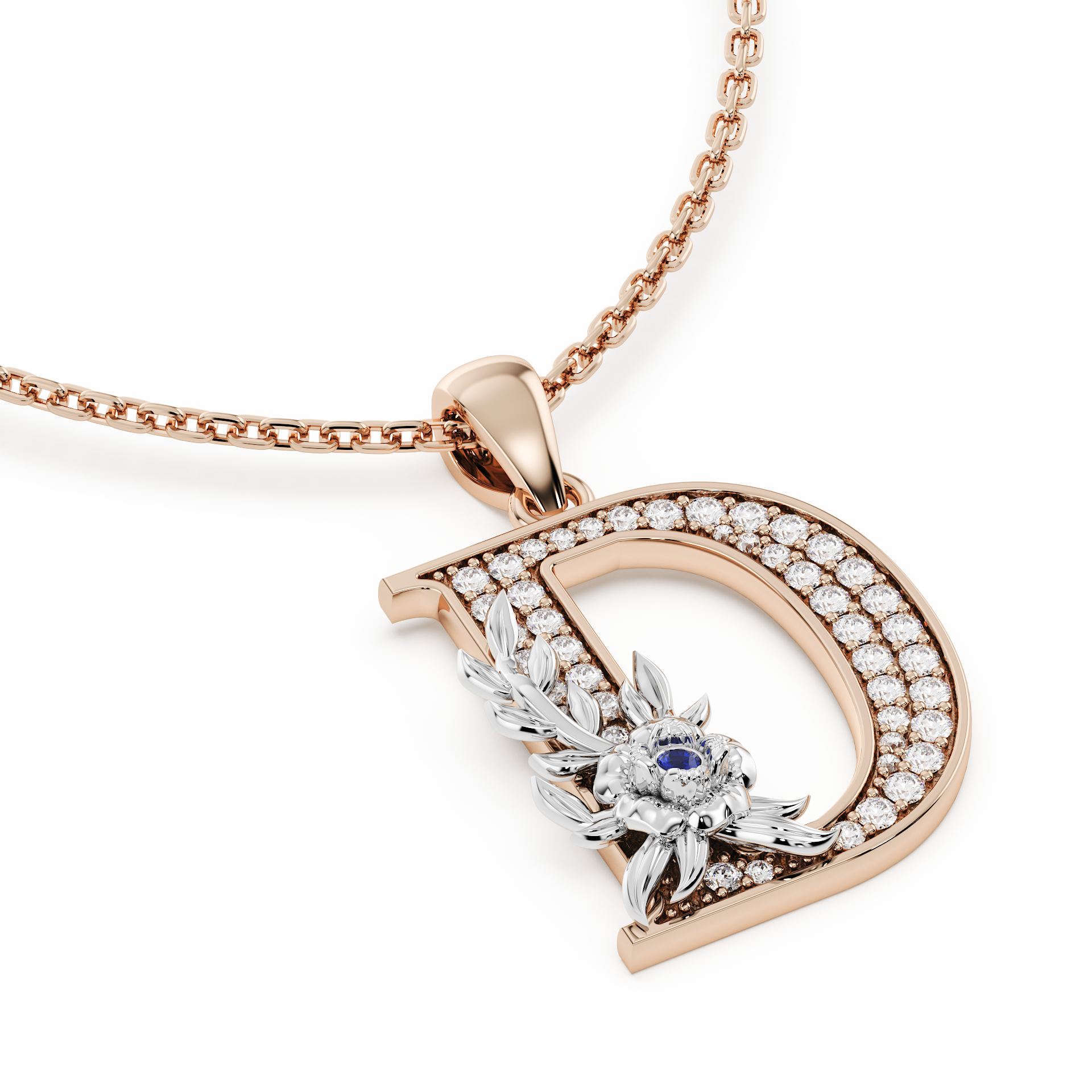 Handcrafted white gold letter D initial pendant from the Everbloom collection, set with diamonds and a rose gold floral motif featuring a round Blue sapphire gemstone.
