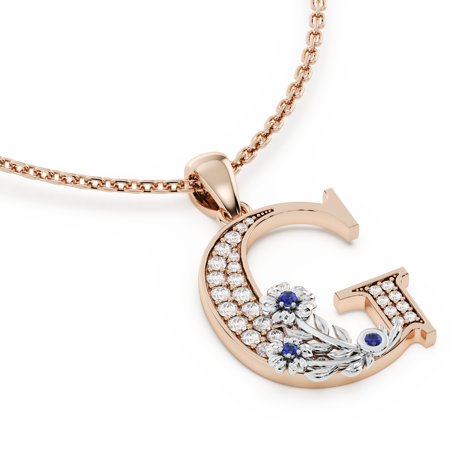 Handcrafted white gold letter G initial pendant from the Everbloom collection, set with diamonds and a rose gold floral motif featuring a round Blue sapphire gemstone.

