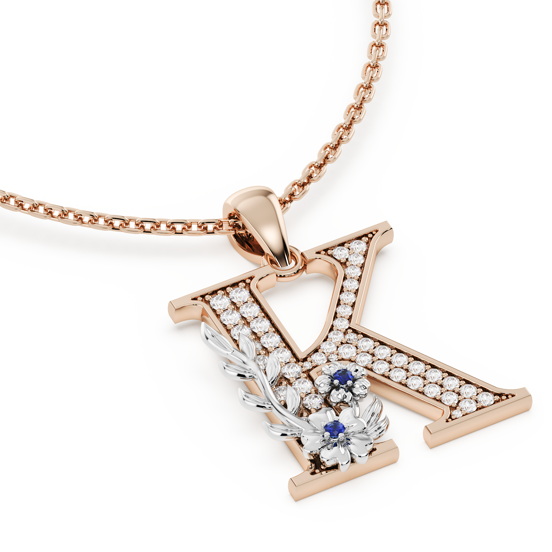 Handcrafted white gold letter K initial pendant from the Everbloom collection, set with diamonds and a rose gold floral motif featuring a round Blue sapphire gemstone.