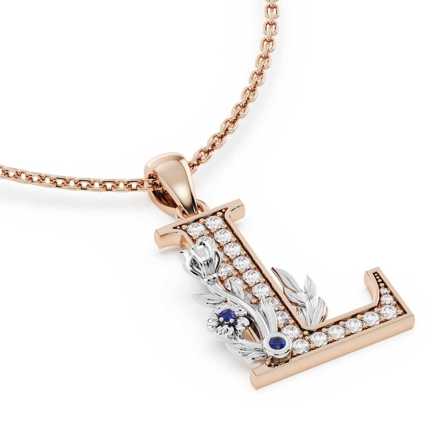 Handcrafted white gold letter L initial pendant from the Everbloom collection, set with diamonds and a rose gold floral motif featuring a round Blue sapphire gemstone.
