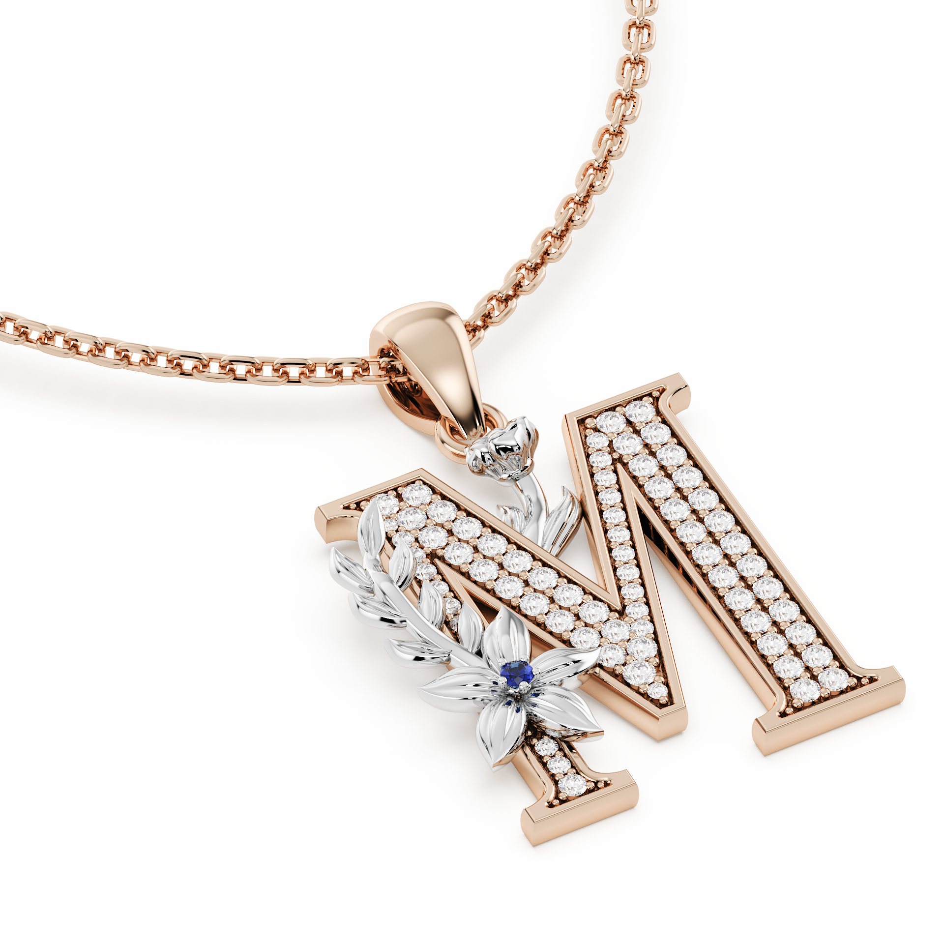 Handcrafted white gold letter M initial pendant from the Everbloom collection, set with diamonds and a rose gold floral motif featuring a round Blue sapphire gemstone.