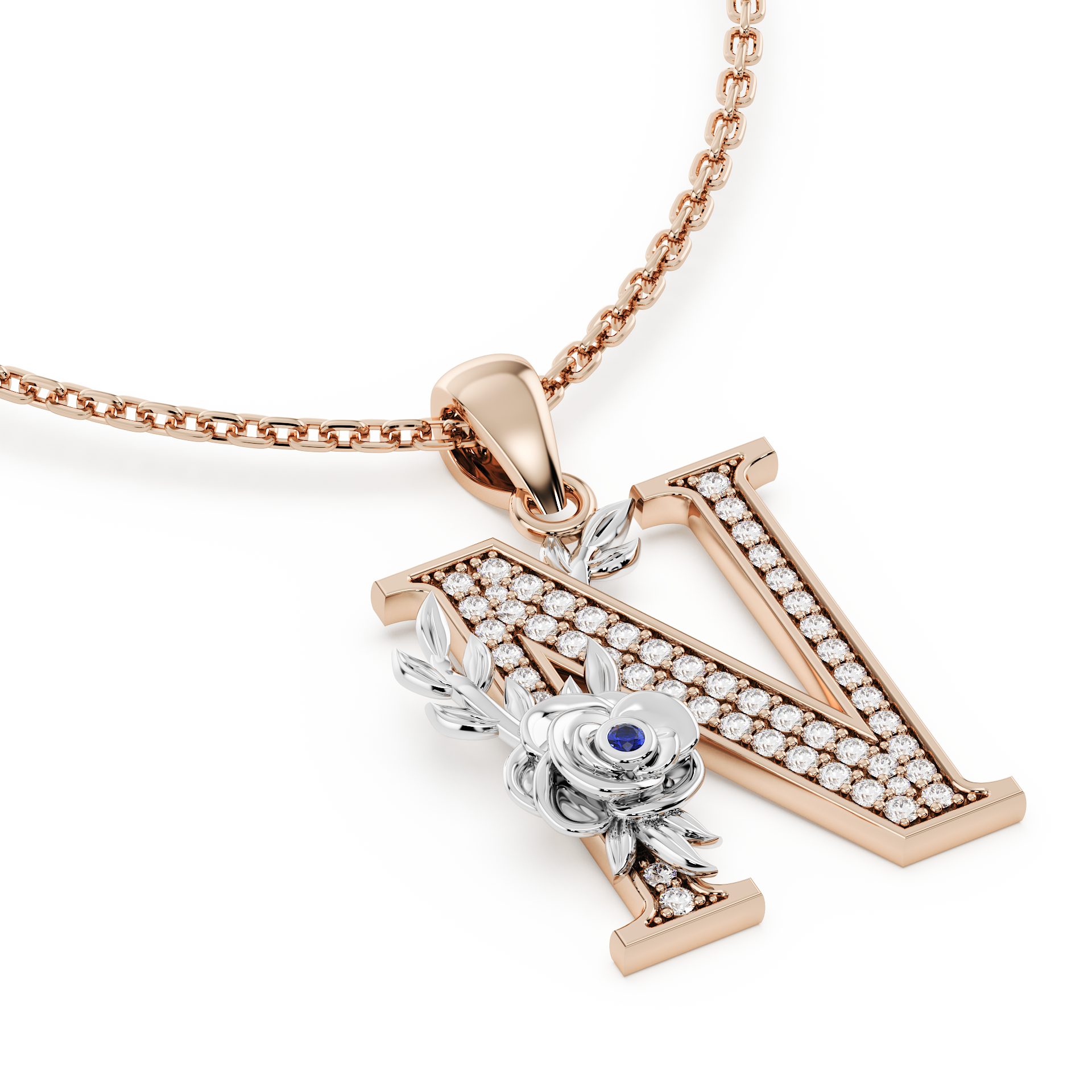 Handcrafted white gold letter N initial pendant from the Everbloom collection, set with diamonds and a rose gold floral motif featuring a round Blue sapphire gemstone.