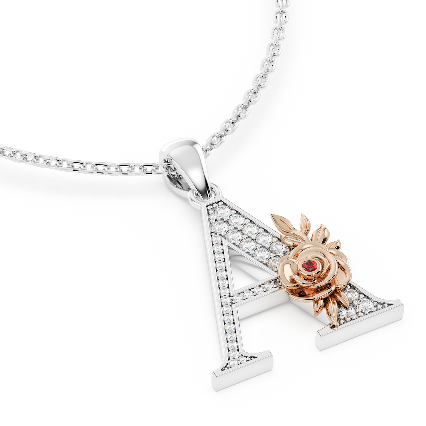 Handcrafted white gold letter A initial pendant from the Everbloom collection, set with diamonds and a rose gold floral motif featuring a round Ruby gemstone.