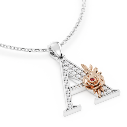 Handcrafted white gold letter A initial pendant from the Everbloom collection, set with diamonds and a rose gold floral motif featuring a round Ruby gemstone.