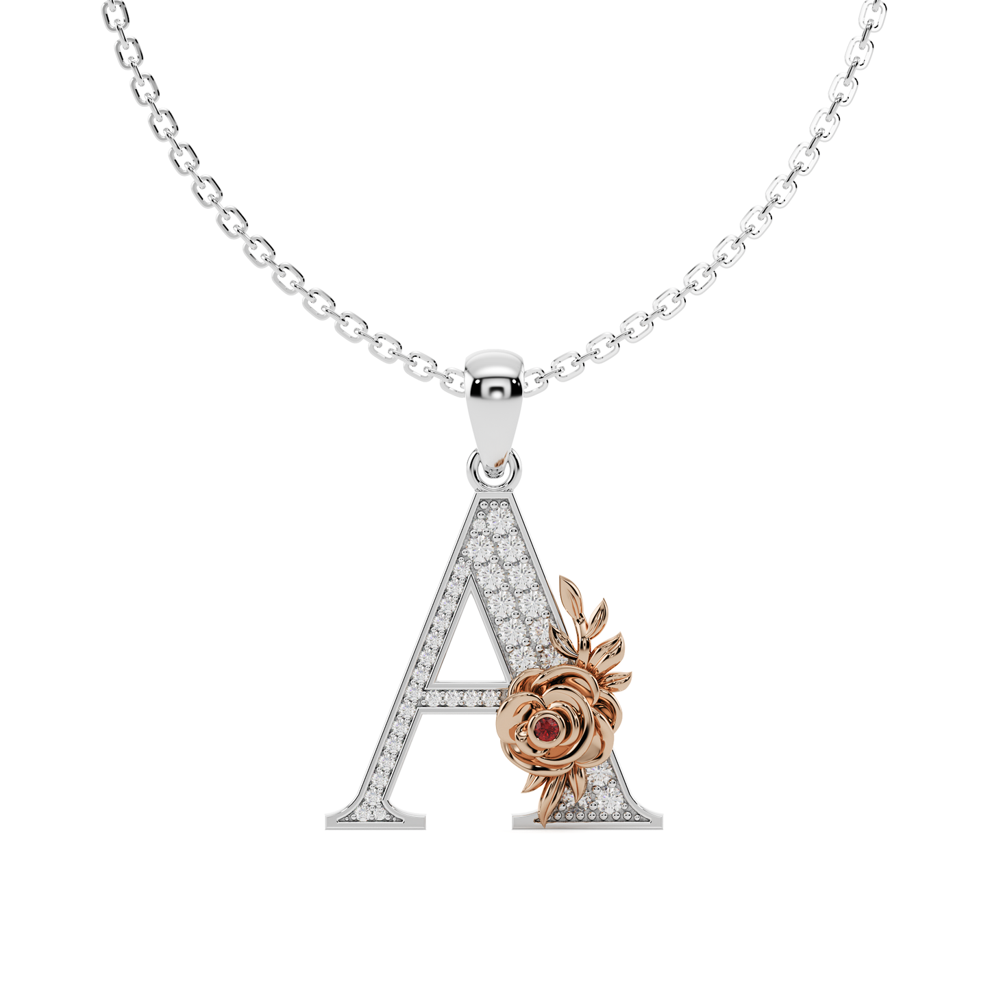 A hand-crafted white gold letter A pendant, entwined with a rose gold floral vine featuring pavé diamonds and a vivid gem quality ruby colour stone.