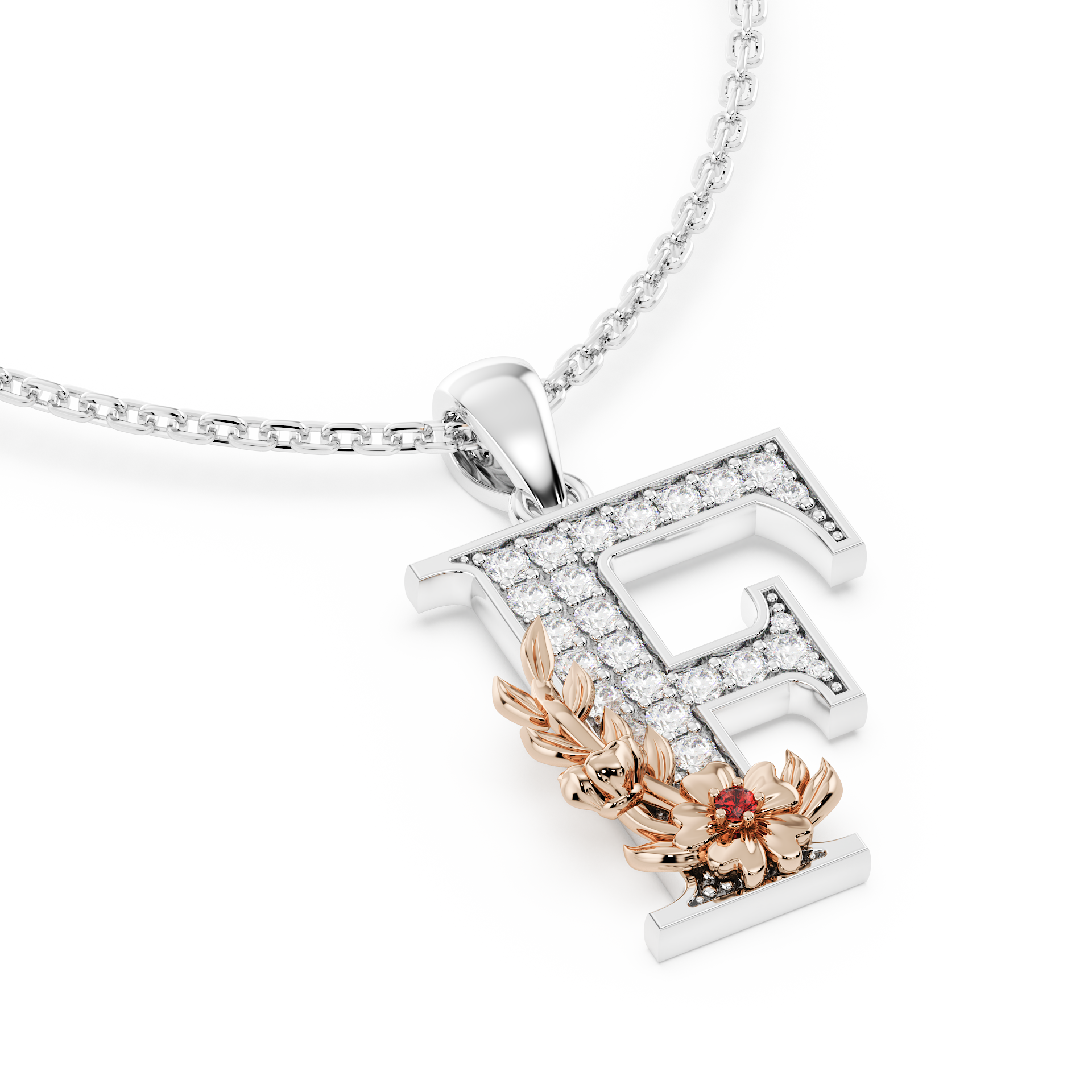 Handcrafted white gold letter F initial pendant from the Everbloom collection, set with diamonds and a rose gold floral motif featuring a round Ruby gemstone.