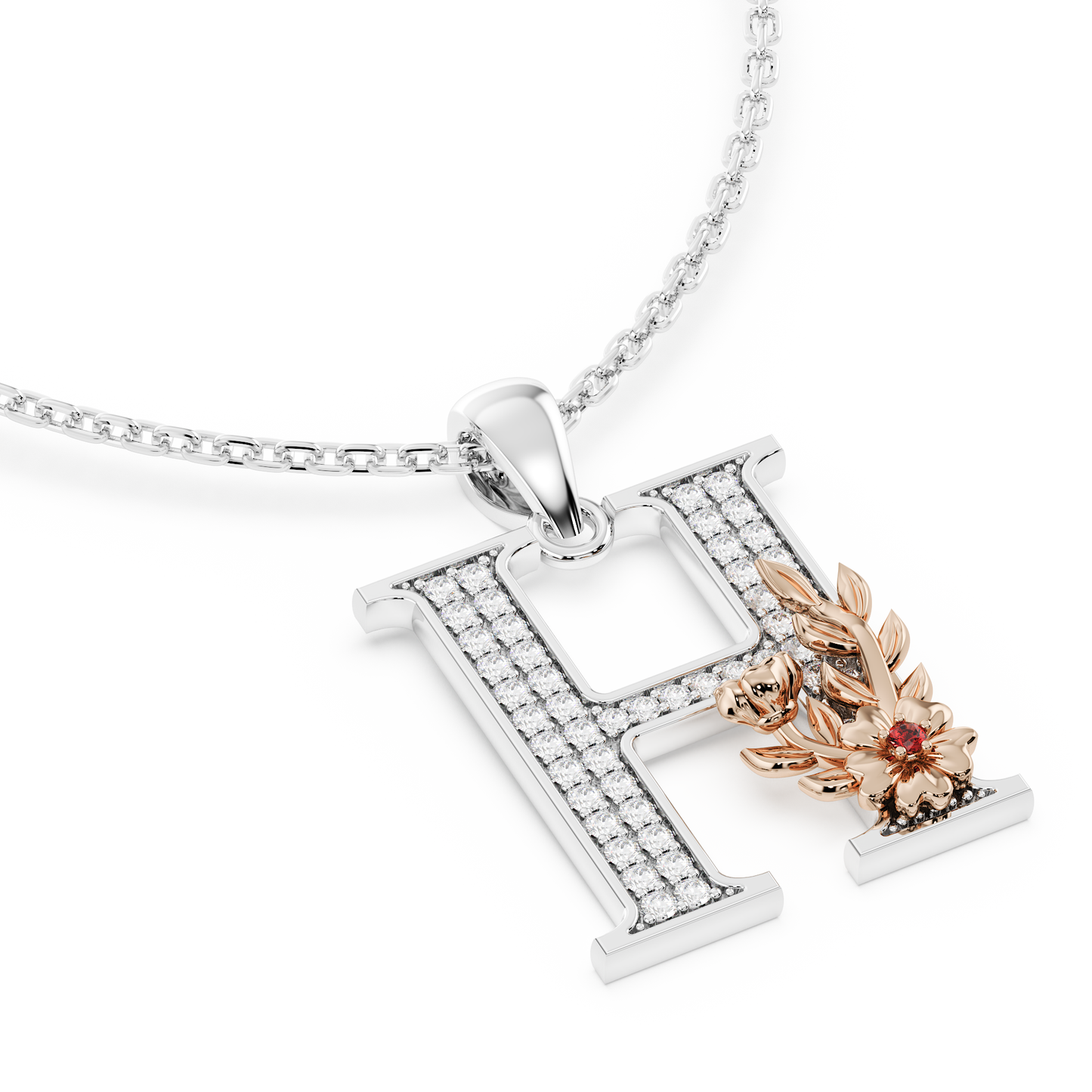 Handcrafted white gold letter H initial pendant from the Everbloom collection, set with diamonds and a rose gold floral motif featuring a round Ruby gemstone.