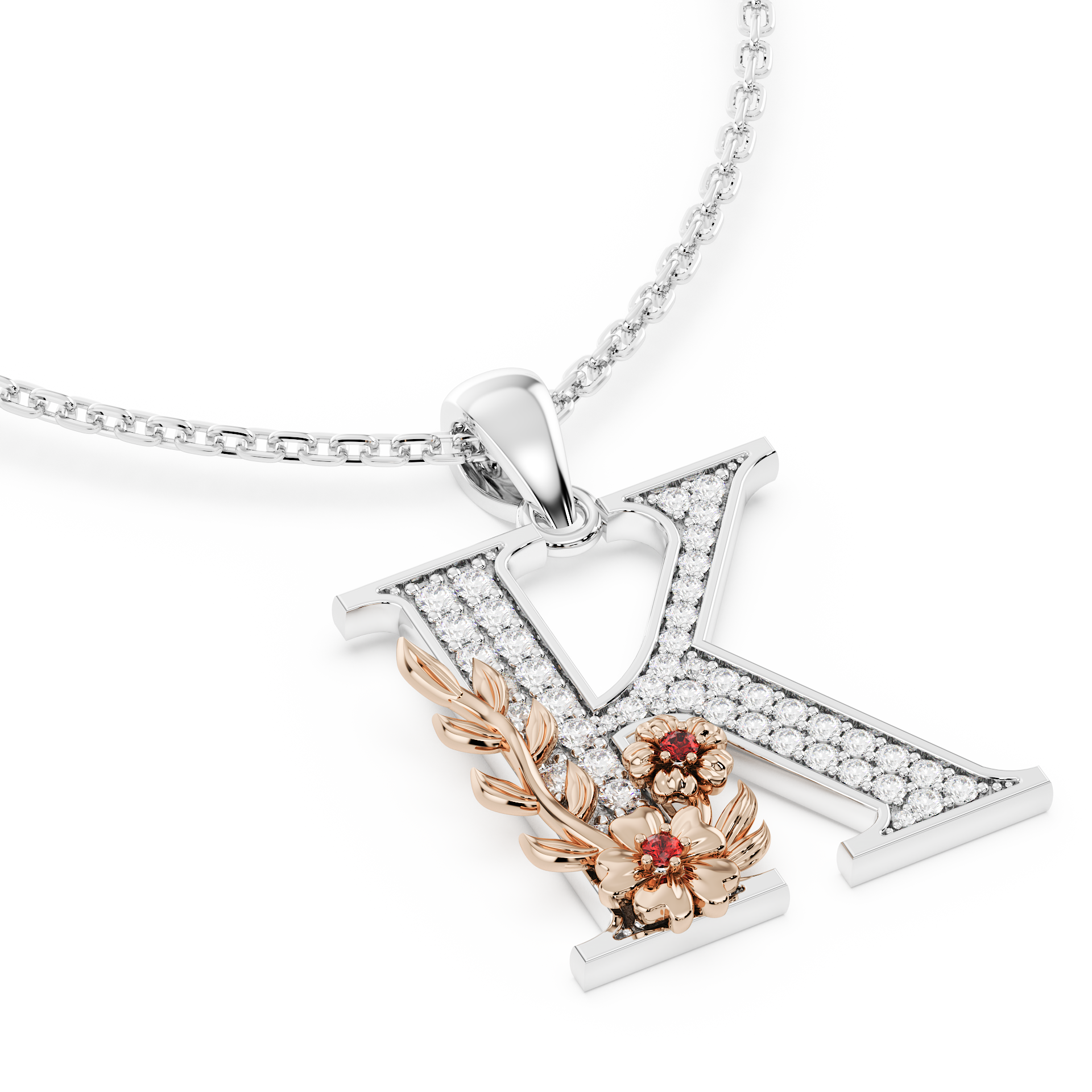 Handcrafted white gold letter K initial pendant from the Everbloom collection, set with diamonds and a rose gold floral motif featuring a round Ruby gemstone.