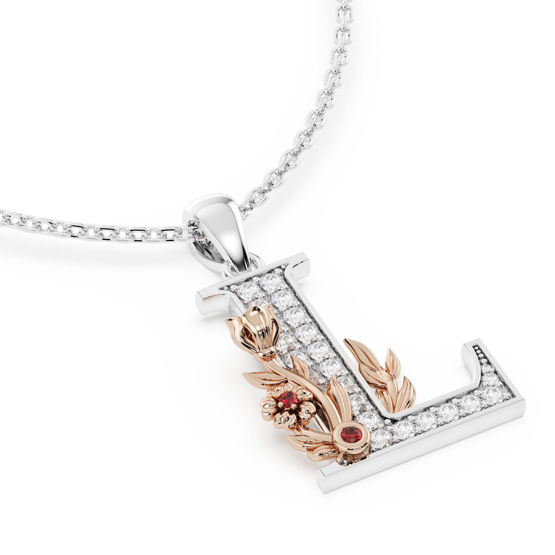 Handcrafted white gold letter L initial pendant from the Everbloom collection, set with diamonds and a rose gold floral motif featuring a round Ruby gemstone.