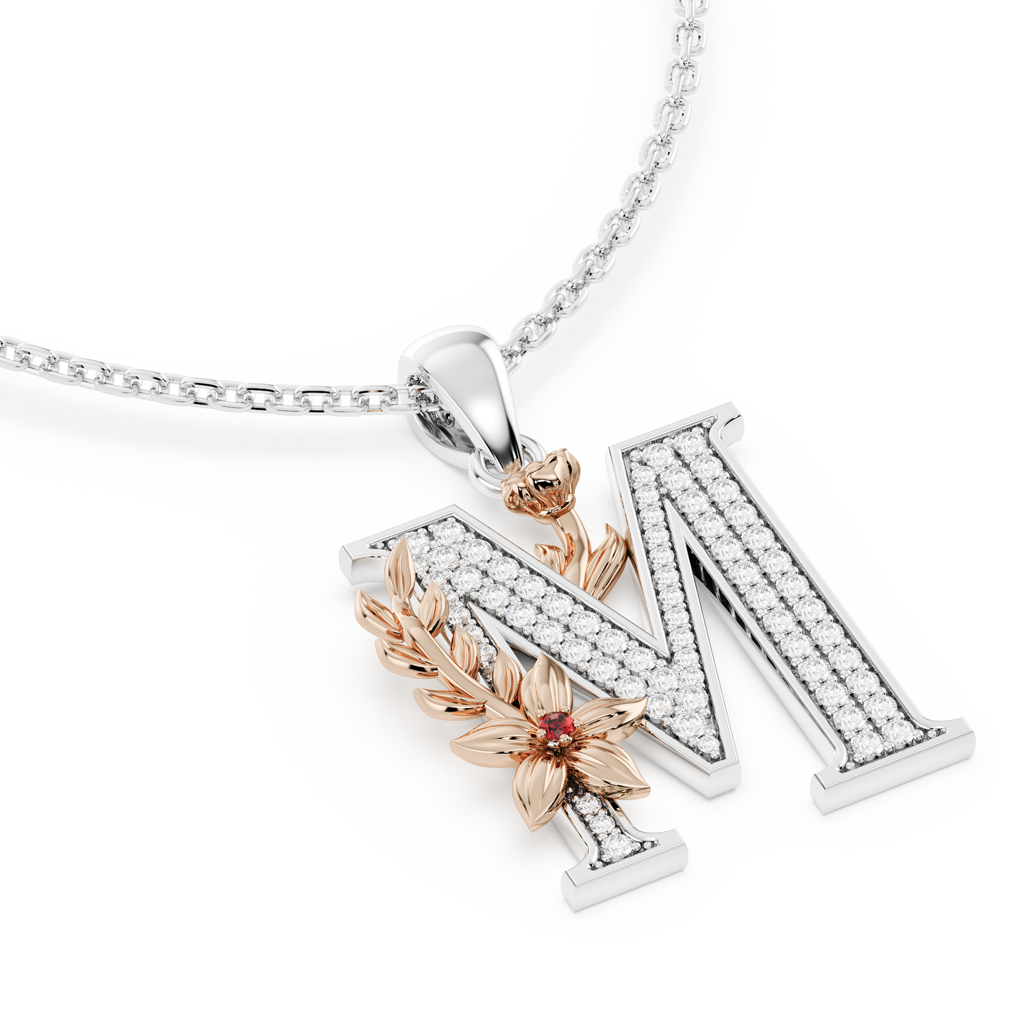 Handcrafted white gold letter M initial pendant from the Everbloom collection, set with diamonds and a rose gold floral motif featuring a round Ruby gemstone.