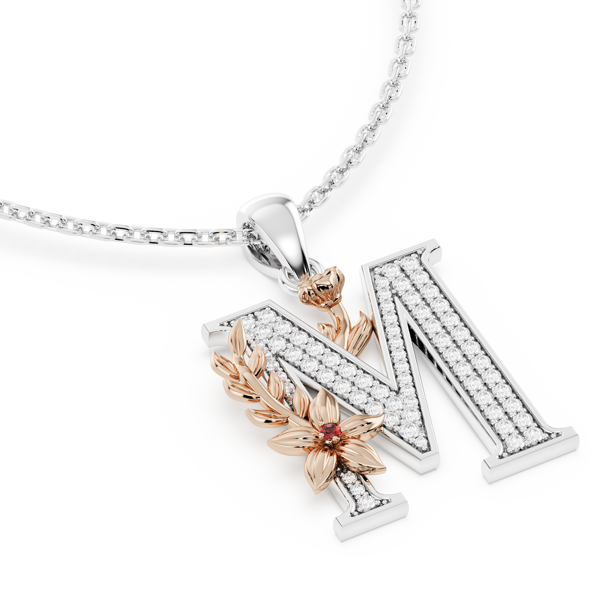 Handcrafted white gold letter M initial pendant from the Everbloom collection, set with diamonds and a rose gold floral motif featuring a round Ruby gemstone.
