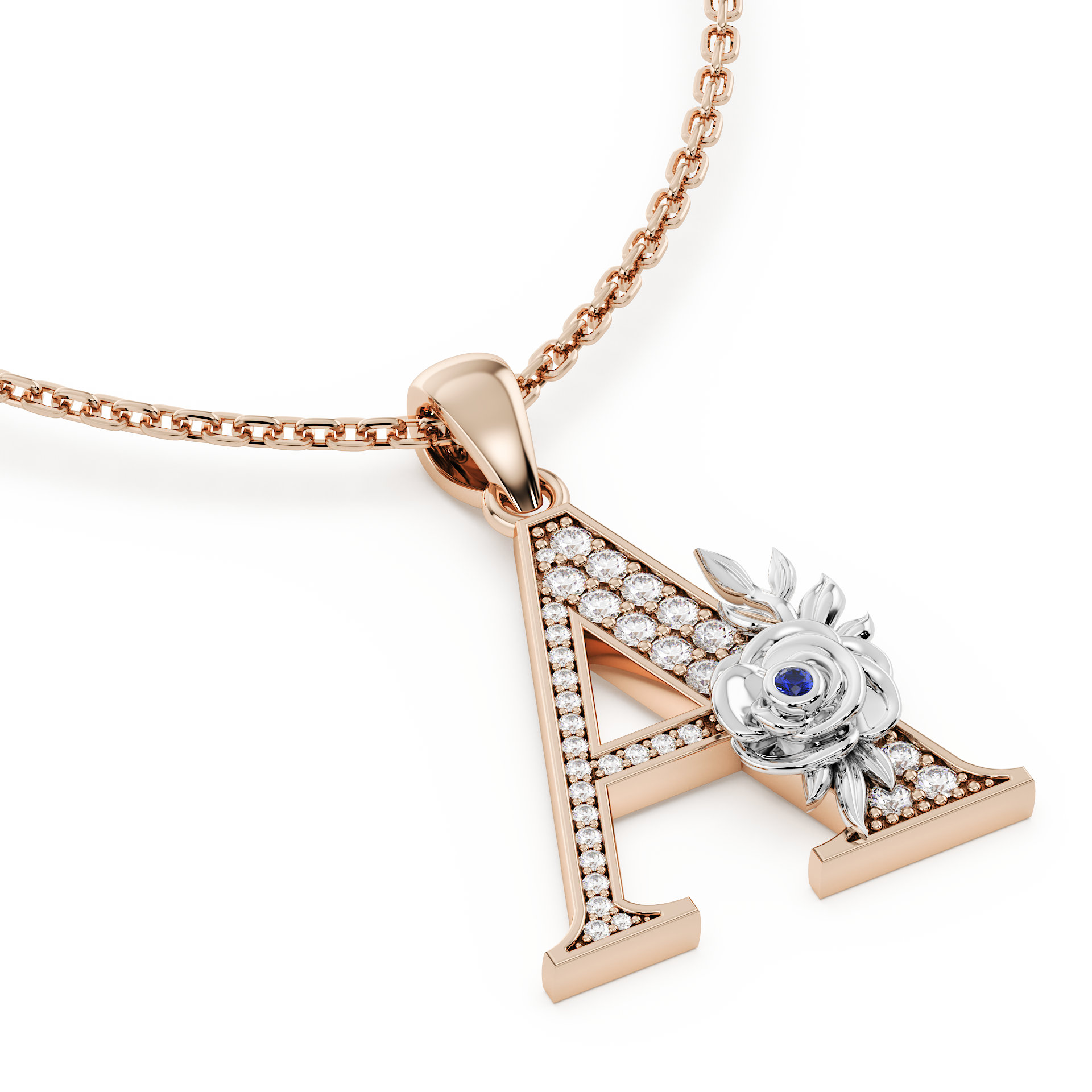 Handcrafted white gold letter A initial pendant from the Everbloom collection, set with diamonds and a rose gold floral motif featuring a round Blue sapphire gemstone.
