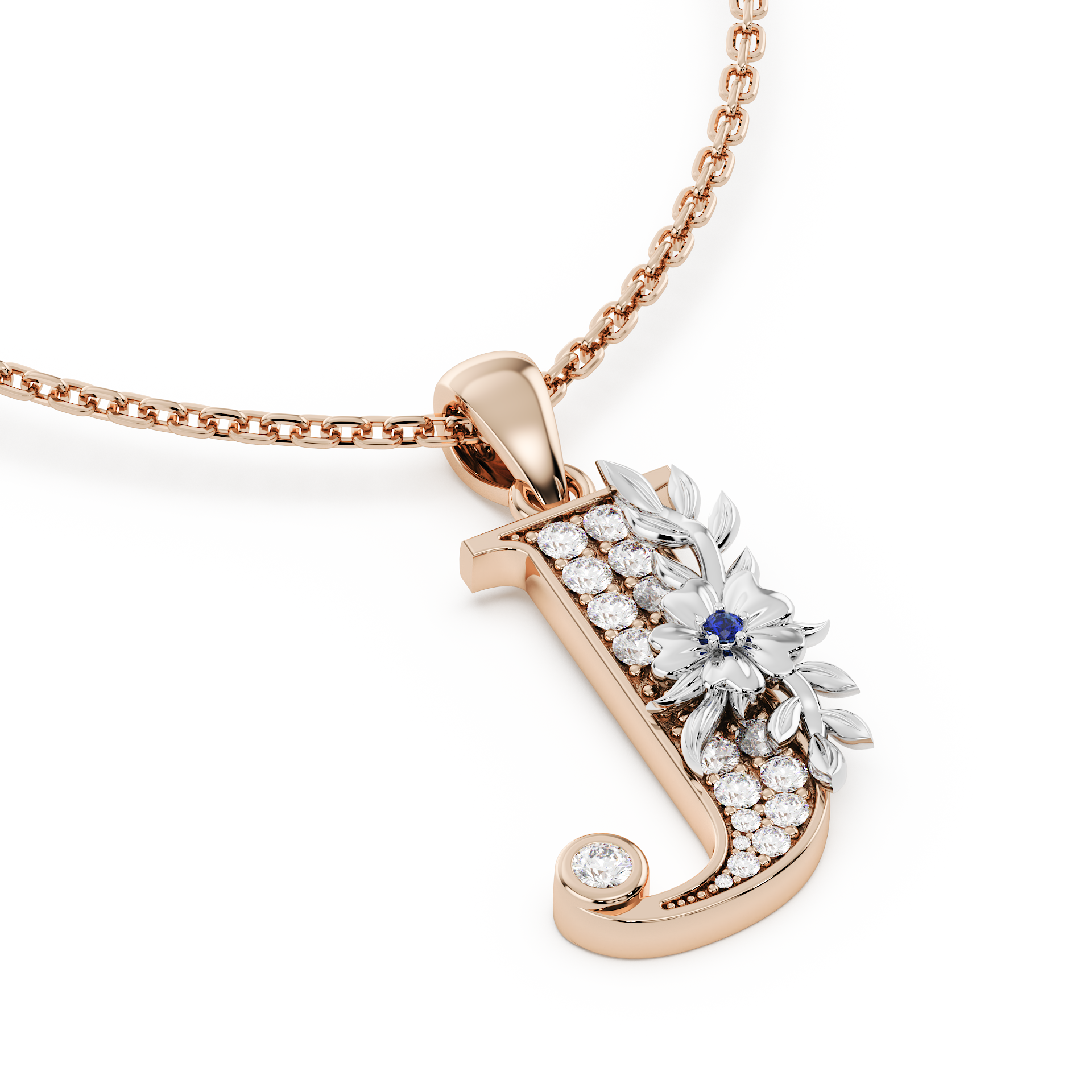 Handcrafted white gold letter J initial pendant from the Everbloom collection, set with diamonds and a rose gold floral motif featuring a round Blue sapphire gemstone.
