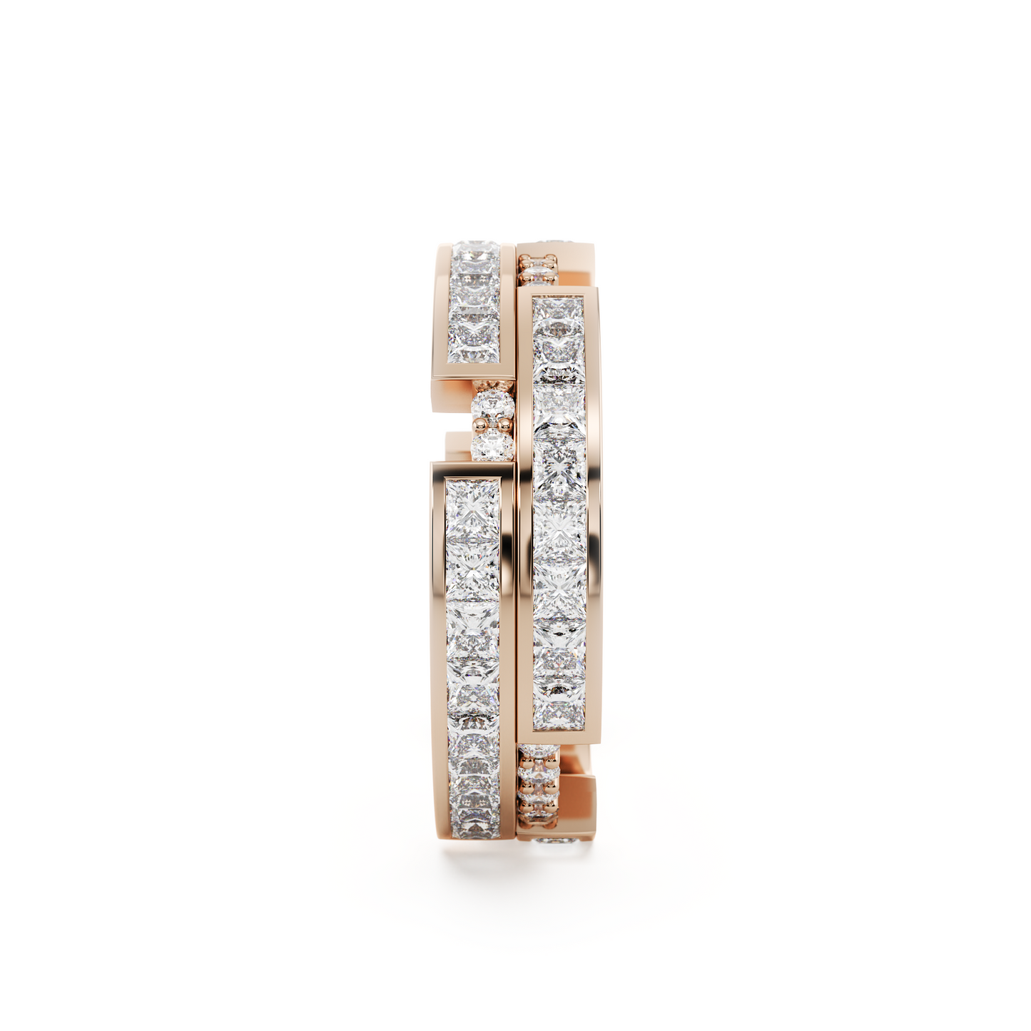 A rose gold ring set in diamonds, featuring two rows of princess-cut diamonds and in between seperated by round white diamonds.
