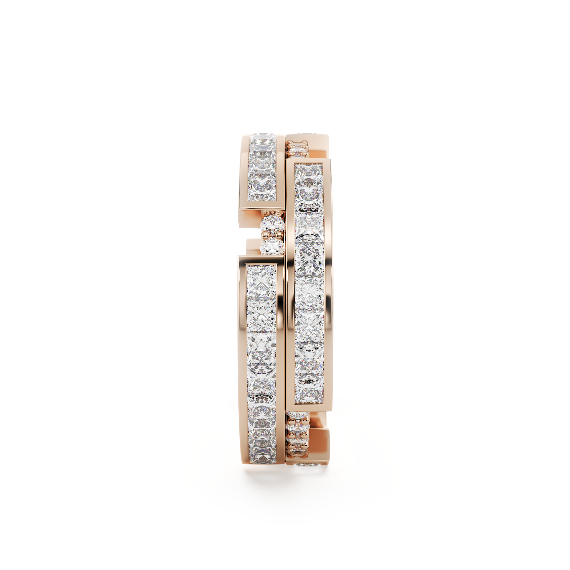 A rose gold ring set in diamonds, featuring two rows of princess-cut diamonds and in between seperated by round white diamonds.
