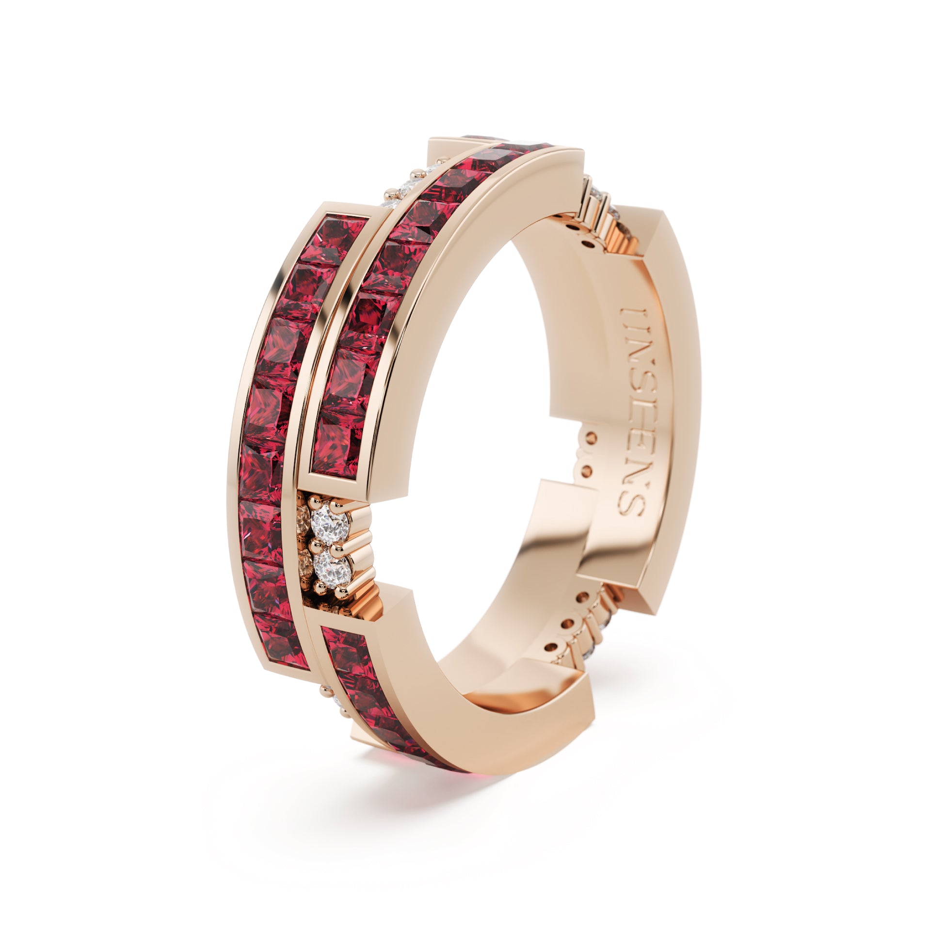 Handcrafted rose gold Matrix ring featuring princess-cut red Thai heritage rubies and pavé diamonds with a unique architectural design.
