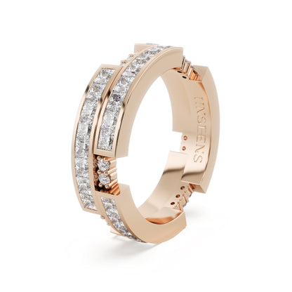 A Rose gold ring set in diamonds, featuring two rows of princess-cut diamonds and in between seperated by round white diamonds.

