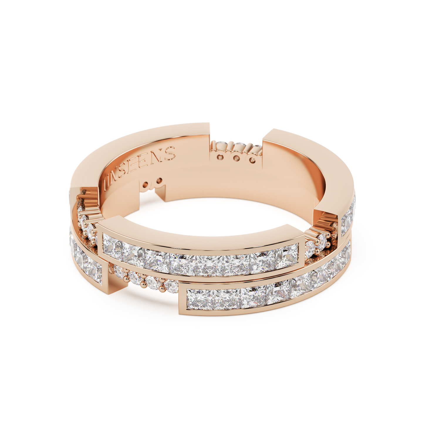 A rose gold ring set in diamonds, featuring two rows of princess-cut diamonds and in between seperated by round white diamonds.
