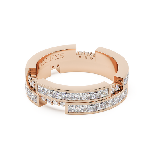 A rose gold ring set in diamonds, featuring two rows of princess-cut diamonds and in between seperated by round white diamonds.

