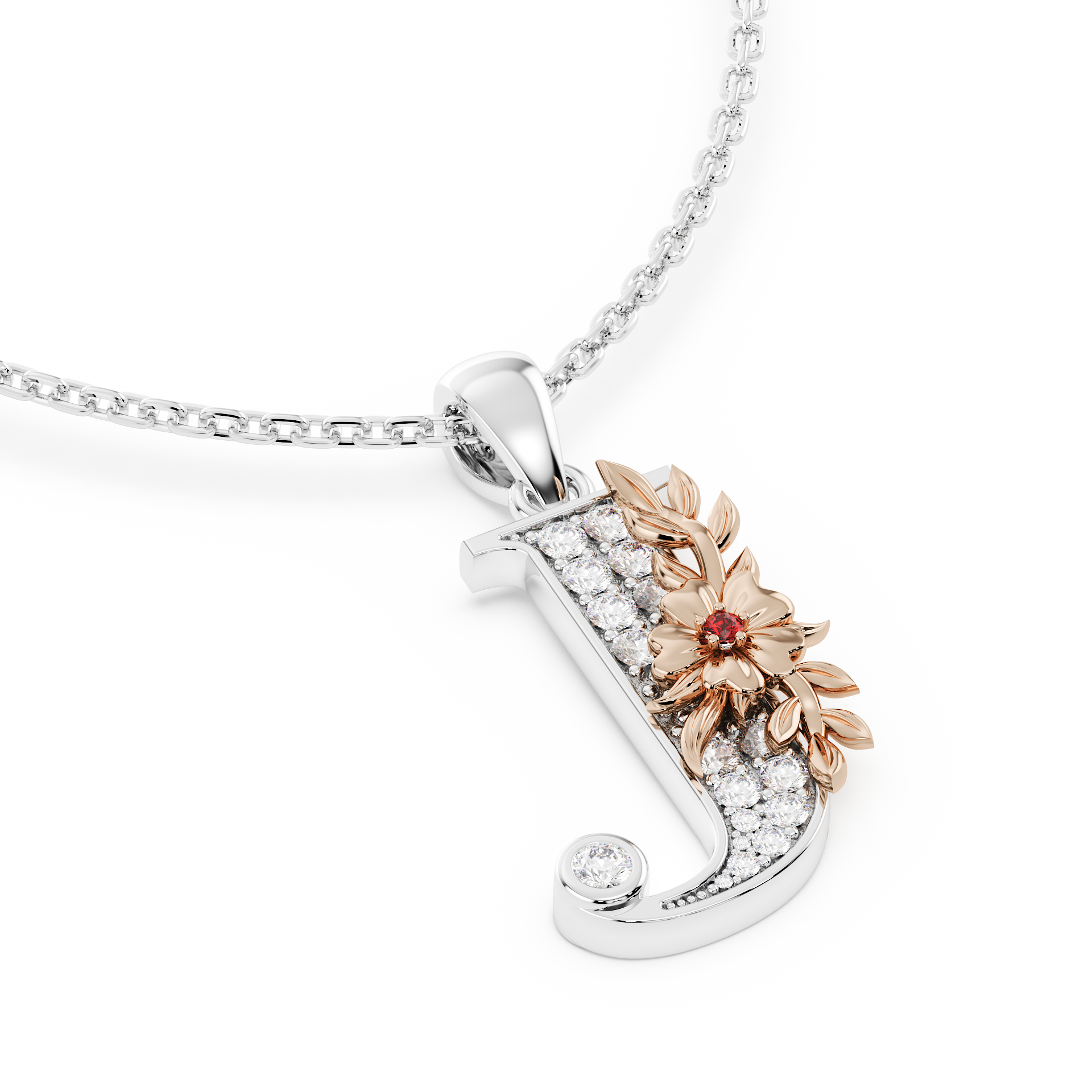 Handcrafted white gold letter J initial pendant from the Everbloom collection, set with diamonds and a rose gold floral motif featuring a round Ruby gemstone.