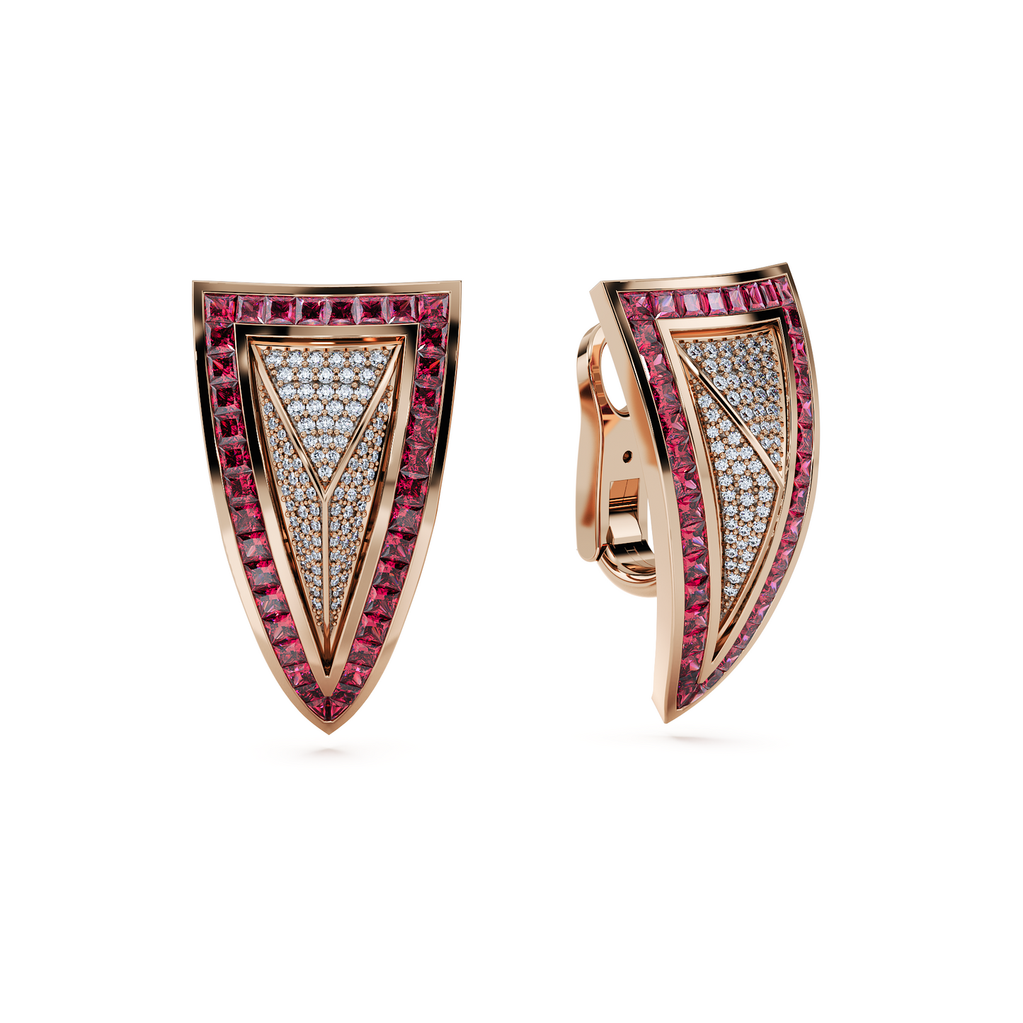 Unseens Pyramid Earring in 18k rose gold with ruby and diamond