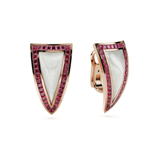 Unseens Pyramid Earring in 18k rose gold with ruby and mother pearl