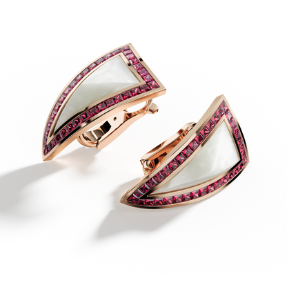 Unseens Pyramid Earring in 18k rose gold with ruby and mother pearl
