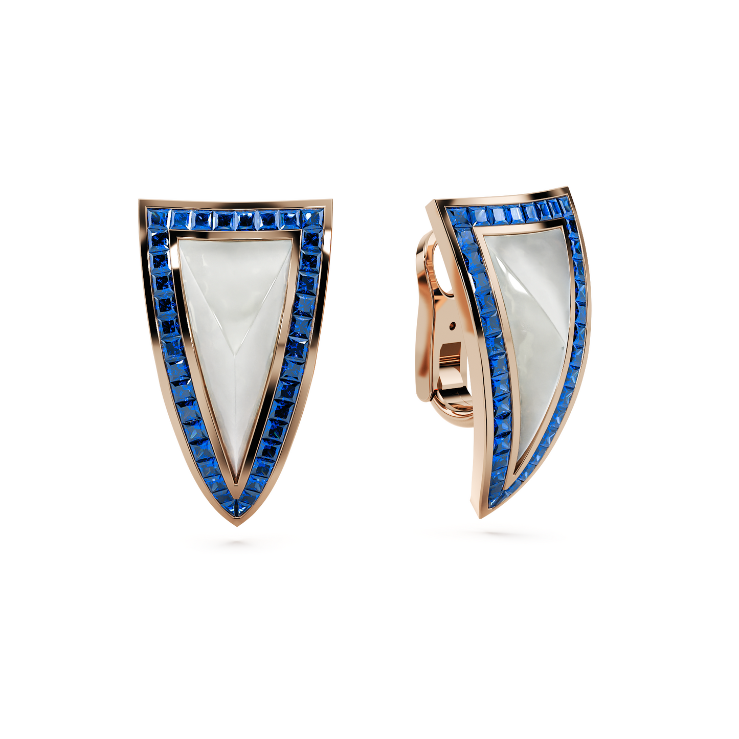 Unseens Pyramid earrings in 18k rose gold with blue sapphire